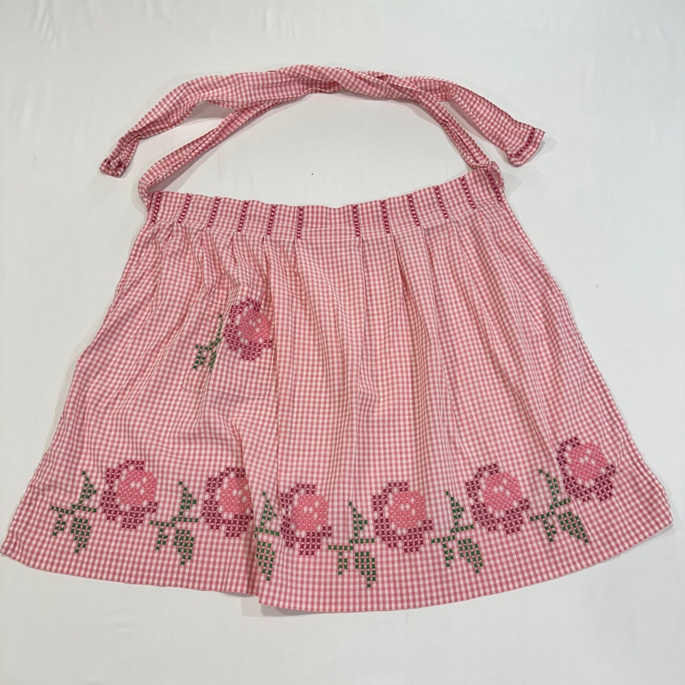 Vintage Half Apron Womens Pink Gingham Cross Stitch Rose Cottagecore